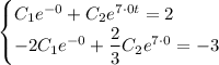 \begin{cases} C_1e^{-0}+C_2e^{7\cdot0t}=2\\ -2C_1e^{-0}+\dfrac{2}{3}C_2e^{7\cdot0}=-3\end{cases}