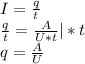 I = \frac{q}{t} \\\frac{q}{t} = \frac{A}{U*t} | *t\\q = \frac{A}{U} \\