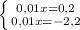 \left \{ {{0,01x=0,2} \atop {0,01x=-2,2}} \right.