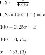 0,25 = \frac{x}{400+x} \\\\0,25*(400+x)=x\\\\100+0,25x=x\\\\100=0,75x\\\\x=133,(3).