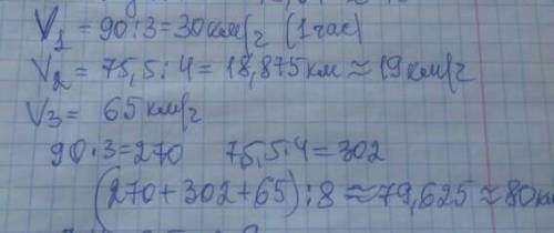 Автомобиль ехал 3 часа со скоростью 90 км/с,4 часа Со скоростью 75,5 км/я,и 1 Час со скоростью 65 км