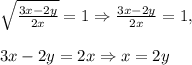 \sqrt{\frac{3x-2y}{2x}}=1\Rightarrow\frac{3x-2y}{2x}=1,\\\\ 3x-2y=2x\Rightarrow x=2y