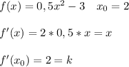 f(x)=0,5x^2-3\ \ \ x_0=2\\\\f'(x)=2*0,5*x=x\\\\f'(x_0)=2=k