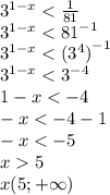 {3}^{ 1 - x} < \frac{1}{81} \\ {3}^{ 1 - x} < {81}^{ - 1} \\ {3}^{ 1 - x} < { ({3}^{4}) }^{ - 1} \\ {3}^{ 1 - x} < {3}^{ - 4} \\ 1 - x < - 4 \\ - x < - 4 - 1 \\ - x < - 5 \\ x 5 \\ xЭ(5; + \infty )