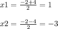 x1=\frac{-2+4}{2} =1\\\\x2=\frac{-2-4}{2} =-3