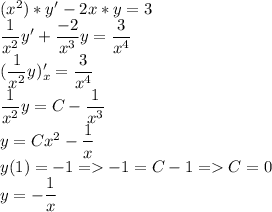 (x^2)*y'-2x*y=3\\ \dfrac{1}{x^2}y'+\dfrac{-2}{x^3}y=\dfrac{3}{x^4}\\ (\dfrac{1}{x^2}y)'_x=\dfrac{3}{x^4}\\ \dfrac{1}{x^2}y=C-\dfrac{1}{x^3}\\ y=Cx^2-\dfrac{1}{x}\\ y(1)=-1=-1=C-1=C=0\\ y=-\dfrac{1}{x}