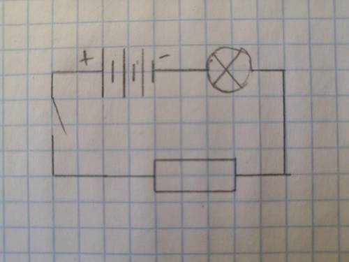 Нарисовать электрическую цепь с источником тока, лампочкой, ключом, резистором. Измерить силу тока,