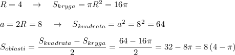 R=4\ \ \ \to \ \ \ S_{kryga}=\pi R^2=16\pi \\\\a=2R=8\ \ \ \to \ \ \ S_{kvadrata}=a^2=8^2=64\\\\S_{oblasti}=\dfrac{S_{kvadrata}-S_{kryga}}{2}=\dfrac{64-16\pi }{2}=32-8\pi =8\, (4-\pi )