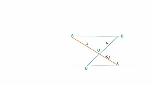 Прямые CA и DB пересекутся в точке O, (AB∥CD). Если OA=3 см, OB=4 см, AC=1,5 см, найдите длину отрез