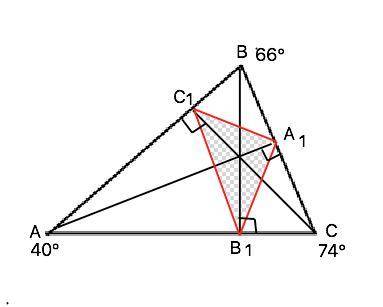 В треугольнике ABC проведены высоты AA1, BB1, CC1. Чему равны углы треугольника A1B1C1, если ∠A=40∘,