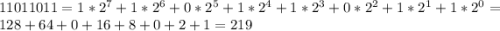 11011011 = 1*2^{7}+1*2^{6}+0*2^{5}+1*2^{4}+1*2^{3}+0*2^{2}+1*2^{1}+1*2^{0} = 128+64+0+16+8+0+2+1 = 219