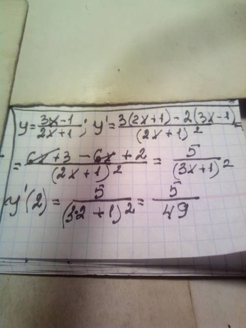 Найти производную функции, приданном значении переменной y=3x-1/2x+1 x0=2 y`= y`(x0)=