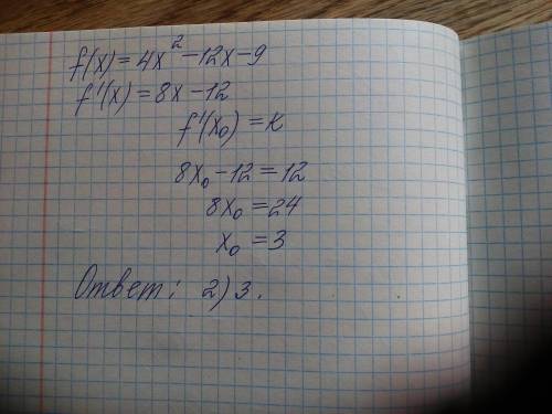 Найдите абсциссу точки графика функции f(x) 4x^2-12x-9 , в которой угловой коэффициент касательной р