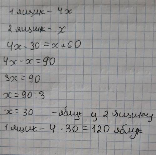 4. У першому ящику було в чотири рази більше яблук, ніж у другому. як і першого ящика забрали 30 ябл