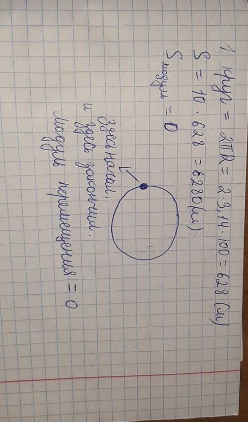 Конькобежец пробежал 10 кругов на стадионе радиусом 100 м Пройденный путь и модуль перемещение соотв