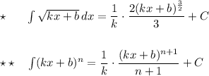 \star \ \ \ \ \ \int \sqrt{kx+b}\, dx=\dfrac{1}{k}\cdot \dfrac{2(kx+b)^{\frac{3}{2}}}{3}+C\\\\\\\star \star \ \ \ \int (kx+b)^{n}=\dfrac{1}{k}\cdot \dfrac{(kx+b)^{n+1}}{n+1}+C