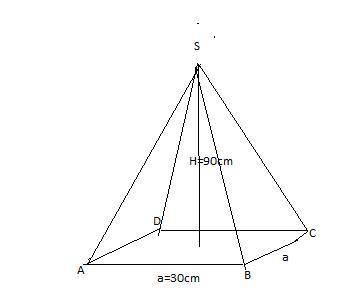 Вычислите объем правильной четерух угольно пирамиды со стороной основания 30 см и высотой 90см​
