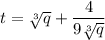 t=\sqrt[3]{q}+\dfrac{4}{9\sqrt[3]{q}}