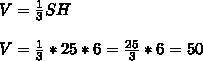 Вычислить объем треугольной пирамиды, площадь основания которой равна 25 см., а высота 6 см.