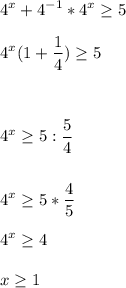 \displaystyle 4^{x} +4^{-1} *4^{x} \geq 5\\\\4^{x} (1+\frac{1}{4} } ) \geq 5\\\\\\\\\ 4^{x} \geq 5:\frac{5}{4} \\\\\\4^{x} \geq 5*\frac{4}{5} \\\\4^{x} \geq 4\\\\x\geq 1