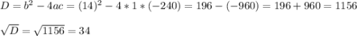 D=b^{2} -4ac = (14)^{2} -4*1*(-240)=196-(-960)=196+960=1156\\\\\sqrt{D} =\sqrt{1156} =34