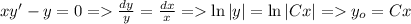 xy'-y = 0 = \frac{dy}{y}=\frac{dx}{x} = \ln|y|=\ln|Cx| = y_o=Cx