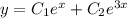 y=C_1e^x+C_2e^{3x}