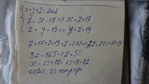 в 3 полках 201 тетрадей. сколько тетрадей в 1 полке если в 3 полке тетрадей меньше на 17 чем в 1 пол
