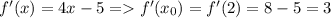 f'(x)=4x-5 = f'(x_0)=f'(2)=8-5=3