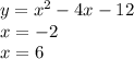 y = {x}^{2} - 4x - 12 \\ x = - 2 \\ x = 6