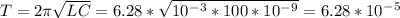 T=2\pi \sqrt{LC}=6.28*\sqrt{10^-^3*100*10^-^9}= 6.28*10^-^5