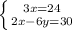 \left \{ {{3x=24} \atop {2x-6y=30}} \right.