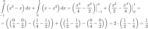 \displaystyle \int\limits^0_{-1} {\Big (x^3-x \Big) } \, dx + \int\limits^1_{0} {\Big (x-x^3 \Big) } \, dx = \bigg ( \frac{x^4}{4} - \frac{x^2}{2} \bigg ) \Big | ^0_{-1} + \bigg ( \frac{x^2}{2} - \frac{x^4}{4} \bigg ) \Big | ^1_{0} =\\\\= \bigg ( \Big (\frac{0}{4} - \frac{0}{2} \Big ) - \Big (\frac{1}{4} - \frac{1}{2} \Big ) \bigg ) + \bigg ( \Big (\frac{1}{2} - \frac{1}{4} \Big) - \Big (\frac{0}{4} - \frac{0}{2} \Big ) \bigg ) = 2 \cdot \bigg (\frac{1}{2} - \frac{1}{4} \bigg ) = \frac{1}{2}