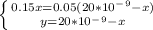 \left \{ {{0.15x=0.05(20*10^-^9-x)} \atop {y=20*10^-^9-x}} \right.