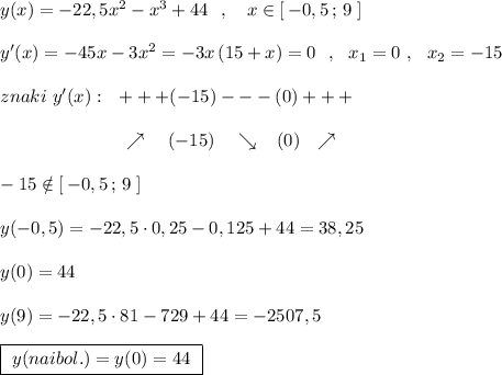 y(x)=-22,5x^2-x^3+44\ \ ,\ \ \ x\in [\, -0,5\, ;\, 9\ ]\\\\y'(x)=-45x-3x^2=-3x\, (15+x)=0\ \ ,\ \ x_1=0\ ,\ \ x_2=-15\\\\znaki\ y'(x):\ \ +++(-15)---(0)+++\\\\{}\qquad \qquad \qquad \ \ \nearrow \ \ \ (-15)\ \ \ \searrow \ \ \, (0)\ \ \nearrow \\\\-15\notin [\, -0,5\, ;\, 9\ ]\\\\y(-0,5)=-22,5\cdot 0,25-0,125+44=38,25\\\\y(0)=44\\\\y(9)=-22,5\cdot 81-729+44=-2507,5\\\\\boxed {\ y(naibol.)=y(0)=44\ }