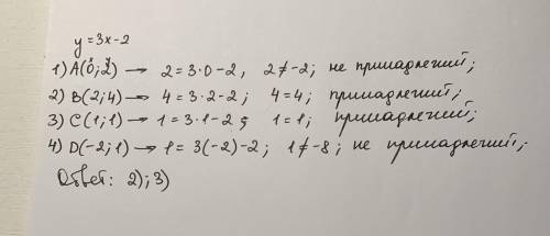 Определить какие из перечисленных точек принадлежат графику функции y=3x-2: A(0;2), B(2:4), C(1:1),