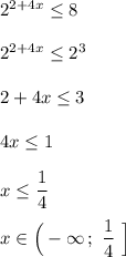 2^{2+4x}\leq 8\\\\2^{2+4x}\leq 2^3\\\\2+4x\leq 3\\\\4x\leq 1\\\\x\leq \dfrac{1}{4}\\\\x\in \Big(-\infty \, ;\ \dfrac{1}{4}\ \Big]