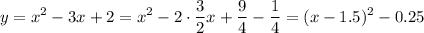 \displaystyle y=x^2-3x+2=x^2-2\cdot \frac{3}{2}x+\frac{9}{4}-\frac{1}{4}=(x-1.5)^2-0.25