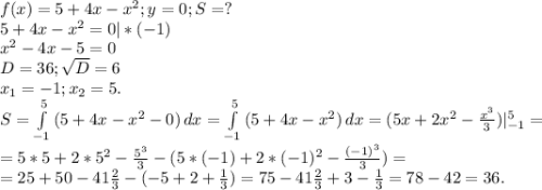 f(x)=5+4x-x^2;y=0;S=?\\5+4x-x^2=0|*(-1)\\x^2-4x-5=0\\D=36;\sqrt{D}=6\\ x_1=-1;x_2=5.\\S=\int\limits^5_{-1} {(5+4x-x^2-0)} \, dx= \int\limits^5_{-1} {(5+4x-x^2)} \, dx=(5x+2x^2-\frac{x^3}{3})|_{-1}^5=\\ =5*5+2*5^2-\frac{5^3}{3} -(5*(-1)+2*(-1)^2-\frac{(-1)^3}{3})=\\ =25+50-41\frac{2}{3} -(-5+2+\frac{1}{3} )=75-41\frac{2}{3} +3-\frac{1}{3}=78-42=36.