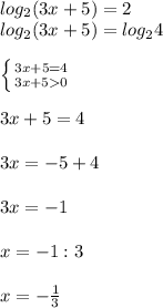 \\ log_{2} (3x+5) = 2\\ log_{2} (3x+5) = log_{2} 4\\ \\ \left \{ {{3x+5=4} \atop {3x+50}} \right. \\ \\ 3x+5 = 4\\\\ 3x = - 5 + 4\\ \\ 3x = - 1\\ \\ x = - 1 : 3\\\\ x = - \frac{1}{3}