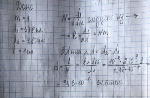 Определите постоянную дифракционной решетки, если она в первом порядке разрешает две спектральные ли