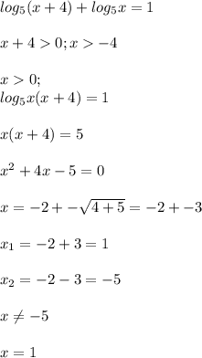 log_5(x+4)+log_5x=1\\\\x+40; x-4\\\\x0;\\log_5x(x+4)=1\\\\x(x+4)=5\\\\x^2+4x-5=0\\\\x=-2+-\sqrt{4+5} =-2+-3\\\\x_1=-2+3=1\\\\x_2=-2-3=-5\\\\x\neq -5\\\\x=1