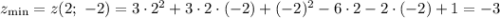 z_{\min}=z(2;\ -2)=3\cdot2^2+3\cdot2\cdot(-2)+(-2)^2-6\cdot2-2\cdot(-2)+1=-3