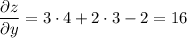 \dfrac{\partial z}{\partial y} =3\cdot4+2\cdot3-2=16