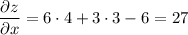 \dfrac{\partial z}{\partial x} =6\cdot4+3\cdot3-6=27