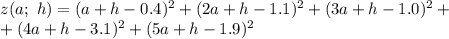 z(a;\ h)=(a+h-0.4)^2+(2a+h-1.1)^2+(3a+h-1.0)^2+\\+(4a+h-3.1)^2+(5a+h-1.9)^2