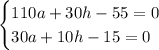 \begin{cases} 110a+30h-55=0\\ 30a+10h-15=0\end{cases}