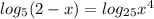 log_{5}(2-x)= log_{25}x^{4}