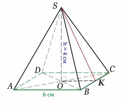 В правильной четырехугольной пирамиде сторона основания 6см, а высота 4см. Найдите апофему пирамиды.