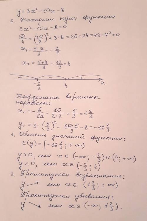 Знайти область визначення функції. 2. Нулі функції.3.у>0, у<0. 4. зростання, спадання. y=3x²–1